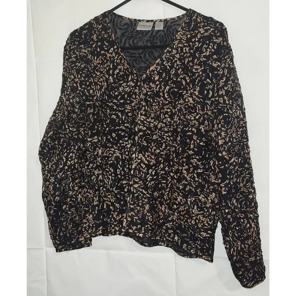 Chico's women's open front short cardigan abstract black beige pattern Size 0 Sh